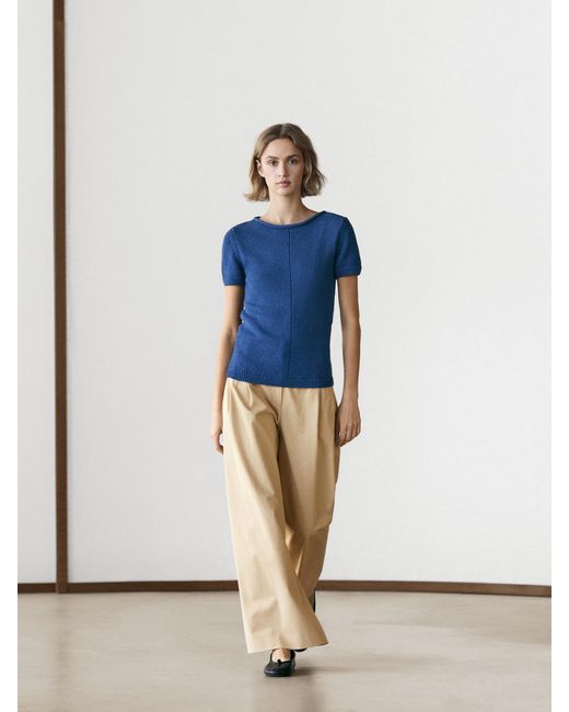 MASSIMO DUTTI Blue Cotton Blend Knit Short Sleeve Sweater