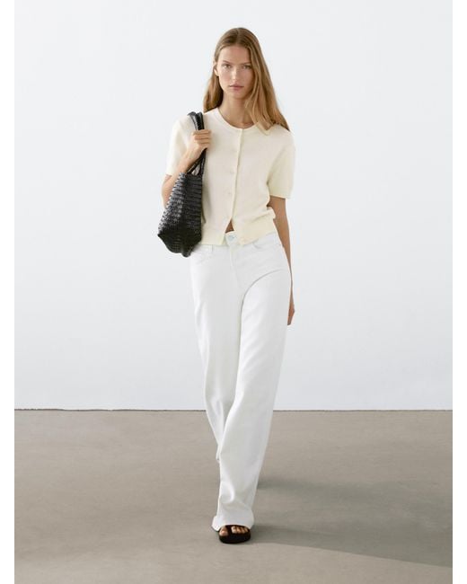 MASSIMO DUTTI White Cotton Short Sleeve Knit Cardigan