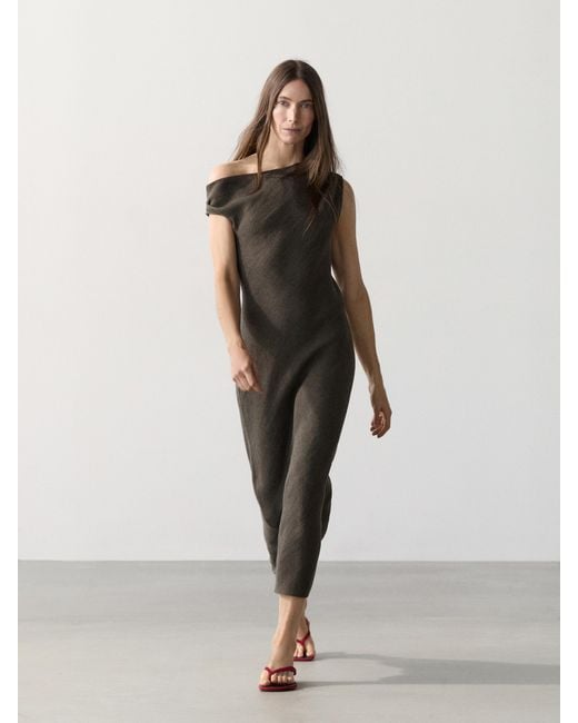 MASSIMO DUTTI Gray 100% Linen Midi Dress With Shoulder Detail