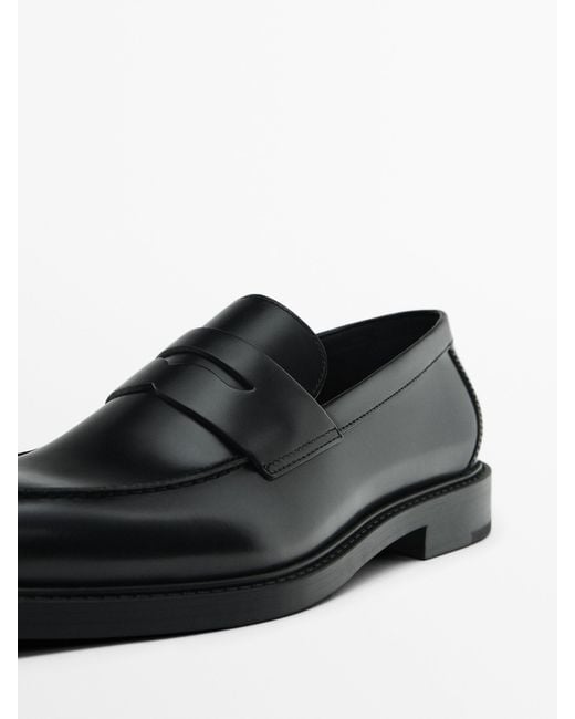 MASSIMO DUTTI Black Leather Penny Loafers for men
