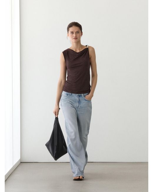 MASSIMO DUTTI Purple Draped Neck Top With Jewel Detail