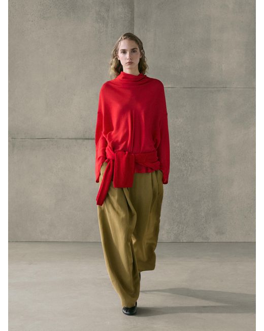 MASSIMO DUTTI Red Flowing Blouse With Draped Collar