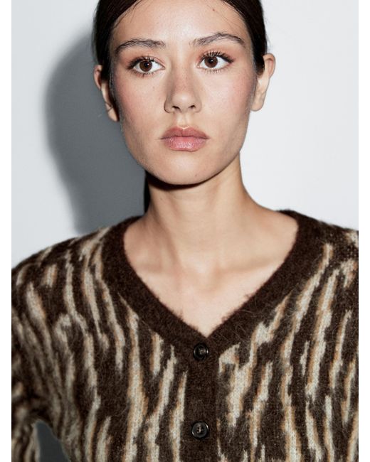MASSIMO DUTTI Black Alpaca Wool Blend Animal Print Cardigan