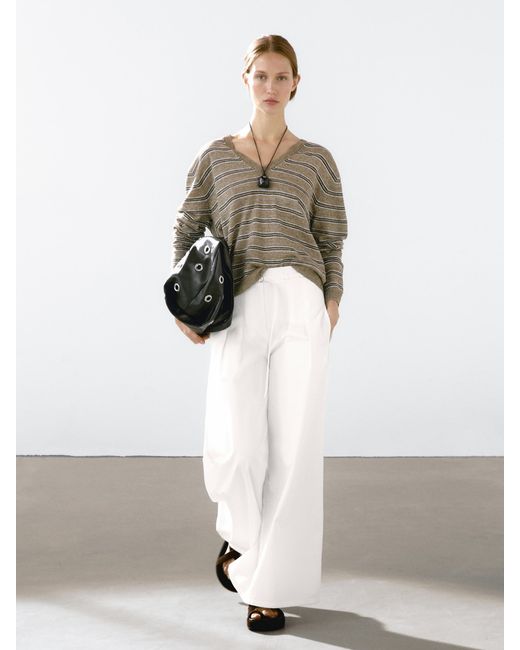 MASSIMO DUTTI White 100% Linen Striped Knit Sweater