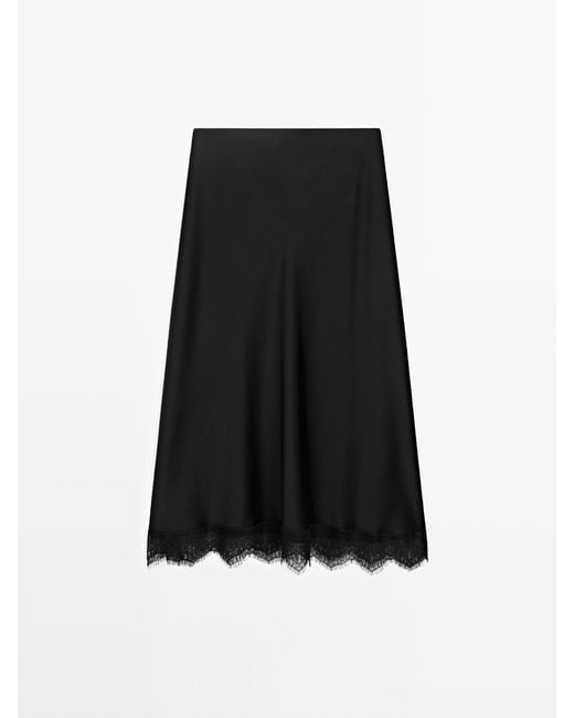 MASSIMO DUTTI Satin Midi Skirt With Lace Detail in Black