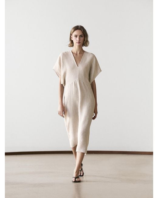 MASSIMO DUTTI White Lightweight Linen Short Sleeve Midi Dress