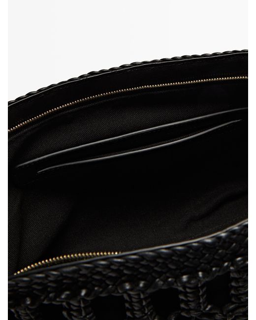 MASSIMO DUTTI Black Nappa Leather Woven Croissant Bag