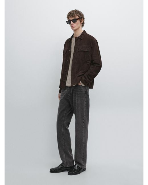 MASSIMO DUTTI Brown Suede Leather Jacket With Pockets for men