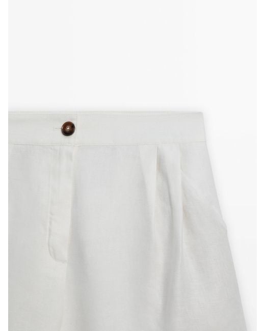 MASSIMO DUTTI White 100% Linen Bermuda Shorts With Double Darts