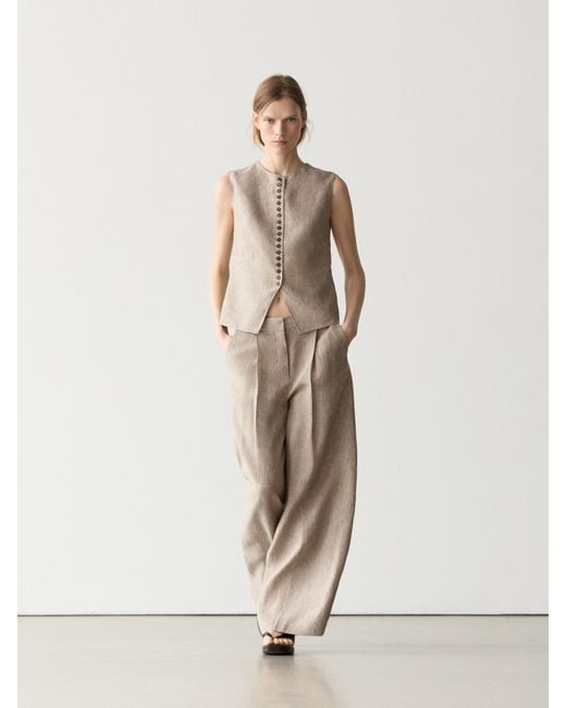 MASSIMO DUTTI Natural Melange Linen Pleated Pants