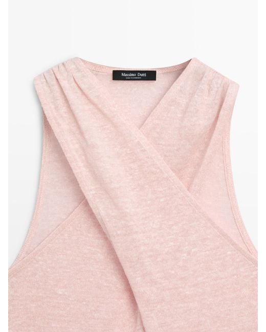 MASSIMO DUTTI Pink Linen Blend Surplice Neck Top