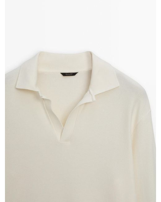 MASSIMO DUTTI White Textured Cotton Blend Polo Shirt for men