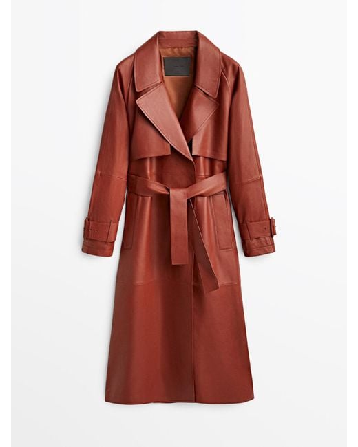 MASSIMO DUTTI Red Nappa Leather Trench Coat With Belt