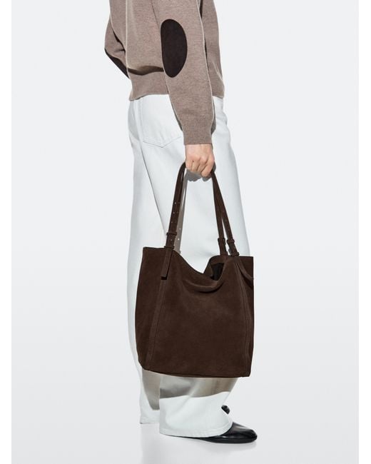 MASSIMO DUTTI White Split Suede Leather Shopper Bag