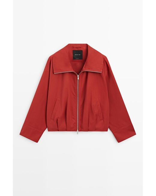 MASSIMO DUTTI Cotton Blend Gathered Bomber Jacket