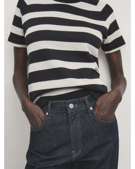 MASSIMO DUTTI Black Short Sleeve Cotton T-Shirt With Short Raglan Sleeves