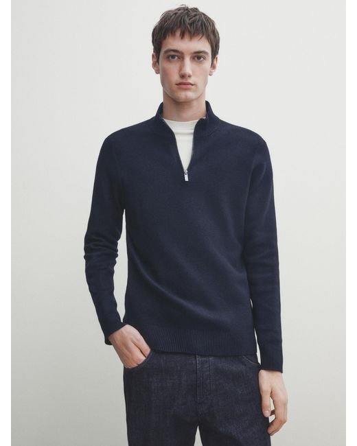 MASSIMO DUTTI Blue Mock Neck Knit Sweater With A Zip for men