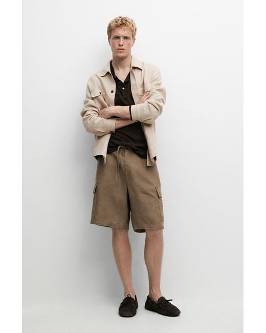 MASSIMO DUTTI Natural 100% Linen Cargo Bermuda Shorts for men