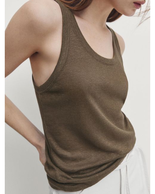 MASSIMO DUTTI Brown 100% Linen Halter Top With Ribbed Detail