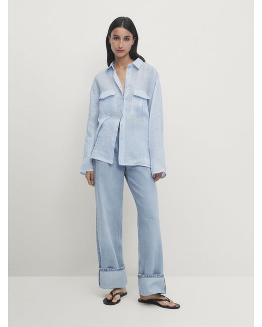 MASSIMO DUTTI Blue 100% Linen Shirt With Pockets