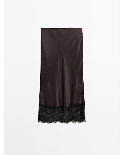 MASSIMO DUTTI Black Satin Lace-Trimmed Midi Skirt