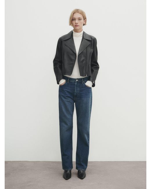 MASSIMO DUTTI Blue Leather Biker Jacket