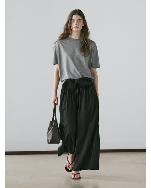 MASSIMO DUTTI Black Flowing Wide-Leg Trousers