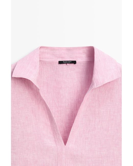 MASSIMO DUTTI Pink 100% Linen V-Neck Blouse With Lapel