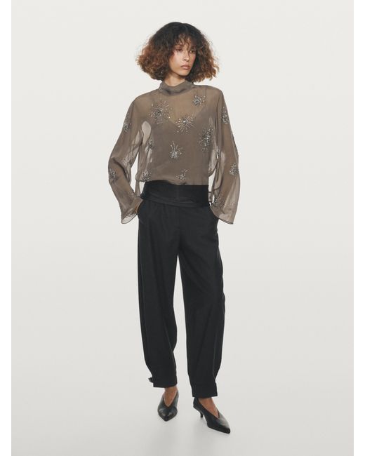 MASSIMO DUTTI Brown Embroidered Semi-Sheer Blouse