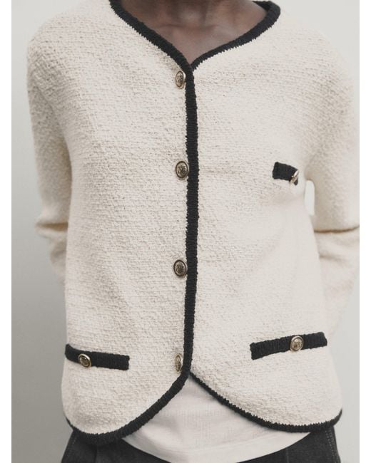 MASSIMO DUTTI Natural Contrast Textured Knit Cardigan