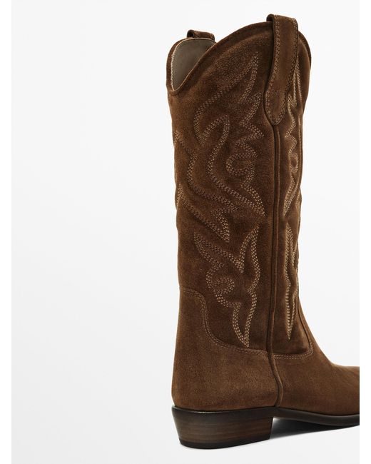 MASSIMO DUTTI Split Suede Embroidered Cowboy Boots in Brown | Lyst
