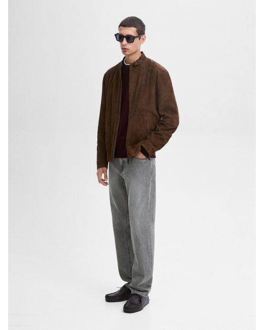 MASSIMO DUTTI Brown Suede Leather Zip-Up Jacket for men