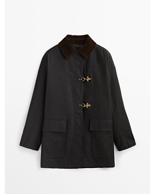 MASSIMO DUTTI Waxed Cotton Parka With Corduroy Collar in Black Lyst