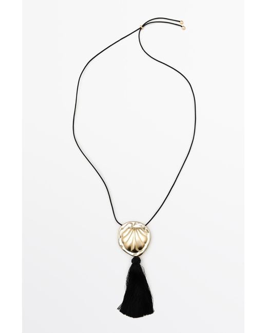 MASSIMO DUTTI Blue Leather Cord Shell Necklace With Tassel
