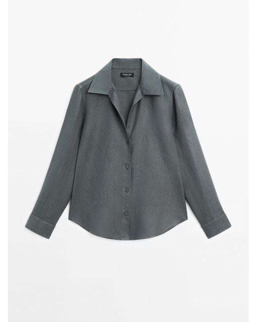 MASSIMO DUTTI 100% Linnen Overhemd Met Open Kraag in het Gray