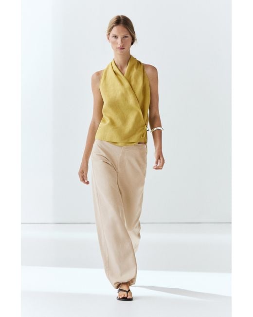 MASSIMO DUTTI White 100% Linen Crossover Halter Top
