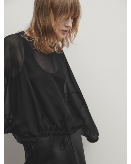 MASSIMO DUTTI Black Semi-Sheer Blouse With Tie Detail