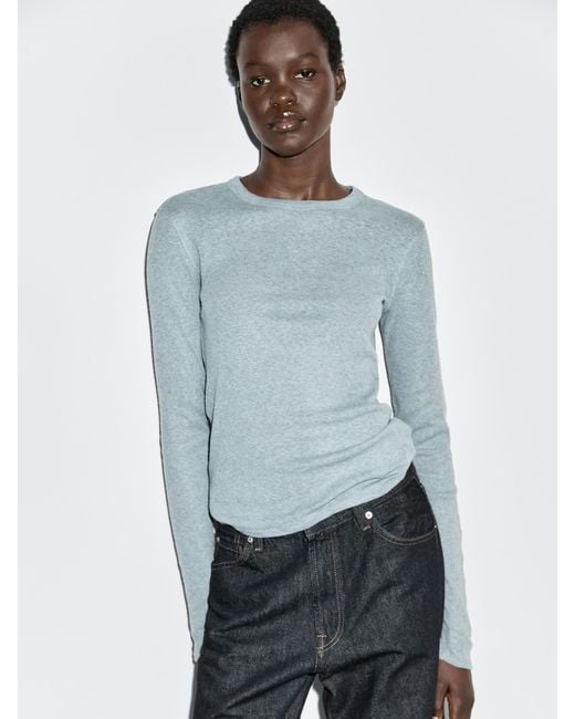 MASSIMO DUTTI Blue Long Sleeve Cotton Blend T-Shirt