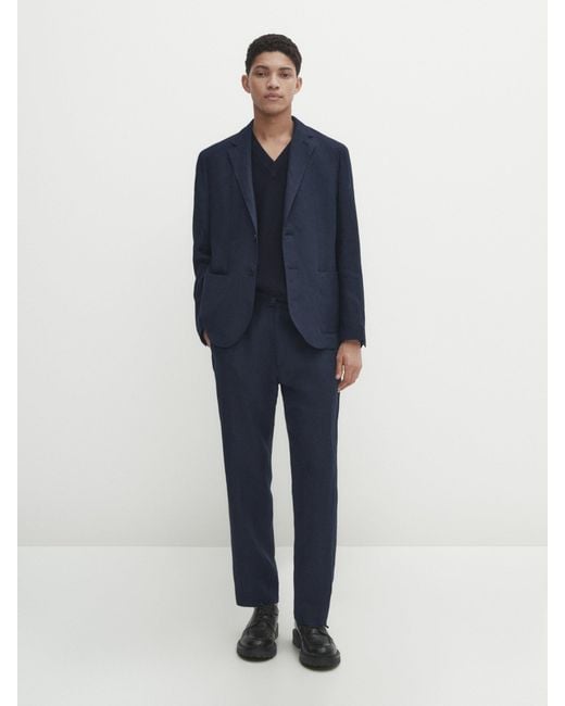 MASSIMO DUTTI Blue 100% Linen Suit Trousers for men