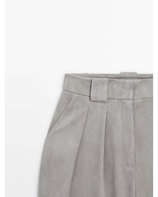 MASSIMO DUTTI Gray Suede Leather Wide-Leg Darted Trousers