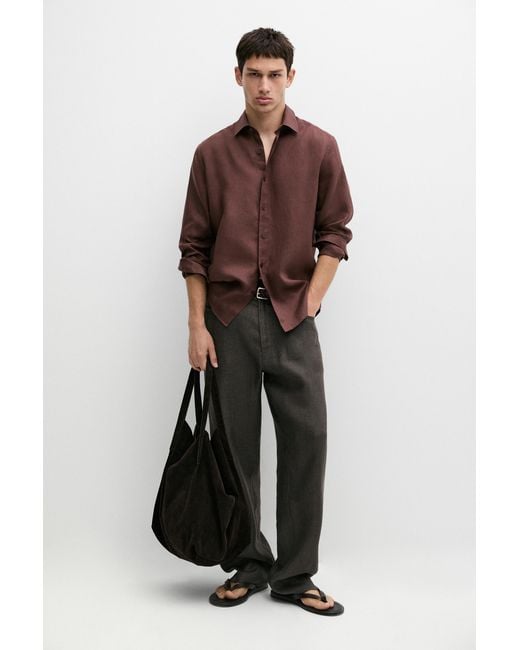 MASSIMO DUTTI Brown Slim Fit 100% Linen Shirt for men