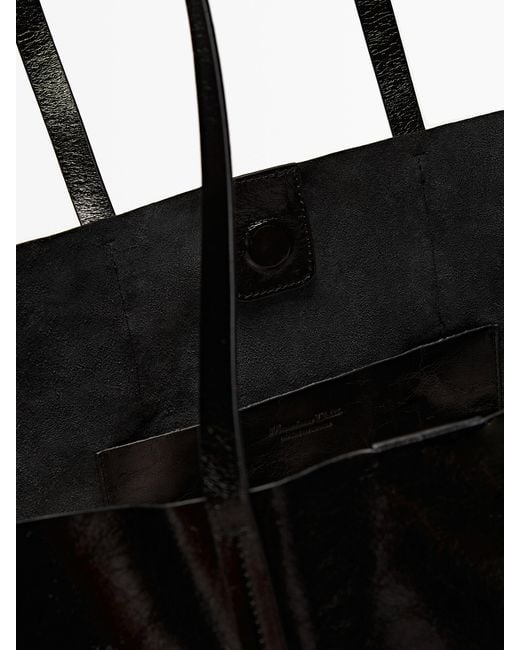 MASSIMO DUTTI Black Leather Tote Bag With A Crackled Finish