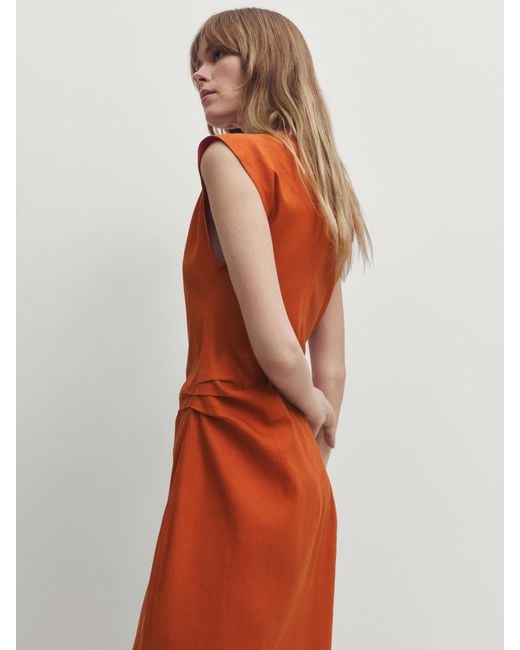 MASSIMO DUTTI Orange Linen Blend Stretch Dress With Pleated Detail