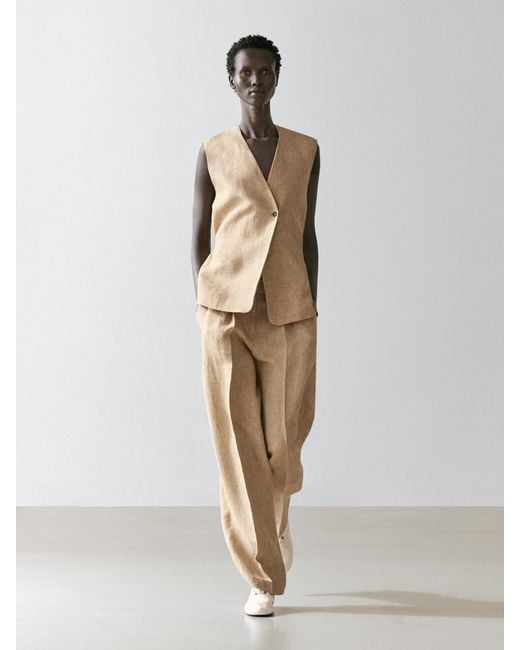 MASSIMO DUTTI White Linen Crossover Closure Vest