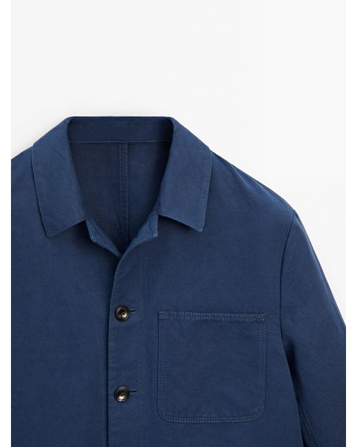 MASSIMO DUTTI Blue Cotton And Linen Blend Overshirt for men