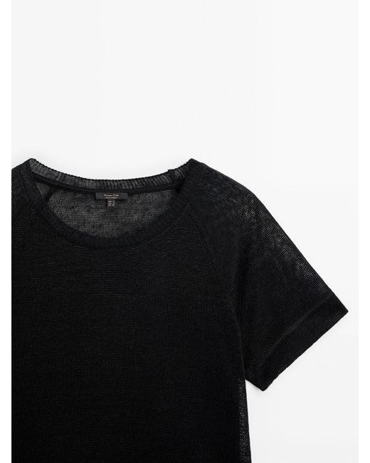 MASSIMO DUTTI Black Linen T-Shirt With Short Raglan Sleeves