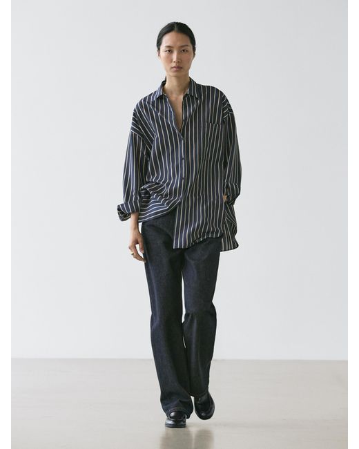 MASSIMO DUTTI Blue Flowing Striped Shirt With Pocket Detail