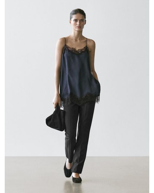 MASSIMO DUTTI Blue Camisole Top With Contrast Lace Detail