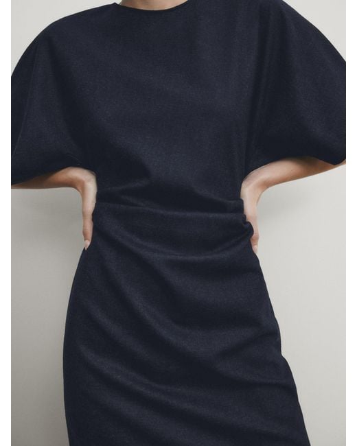 MASSIMO DUTTI Blue Wool Blend Midi Dress With Gathered Detail