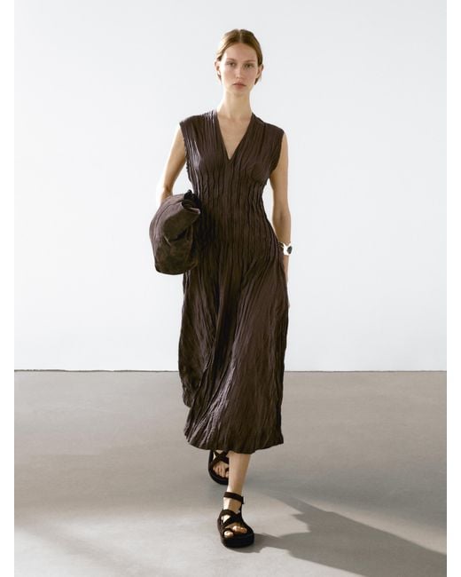 MASSIMO DUTTI White Flowing Pleated Midi Dress